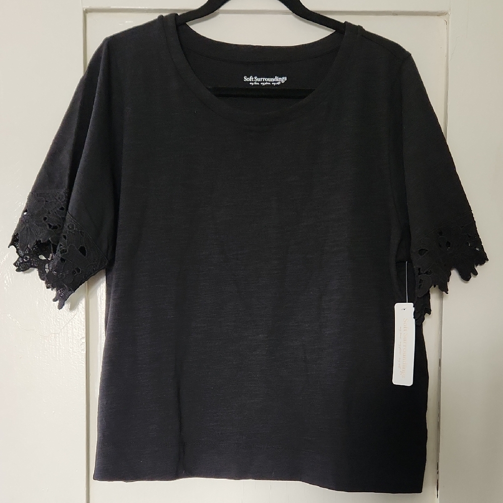 Soft Surroundings Black Eyelet Sleeve Tee